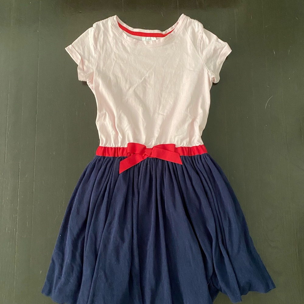 Pink and navy cotton dress with red bow